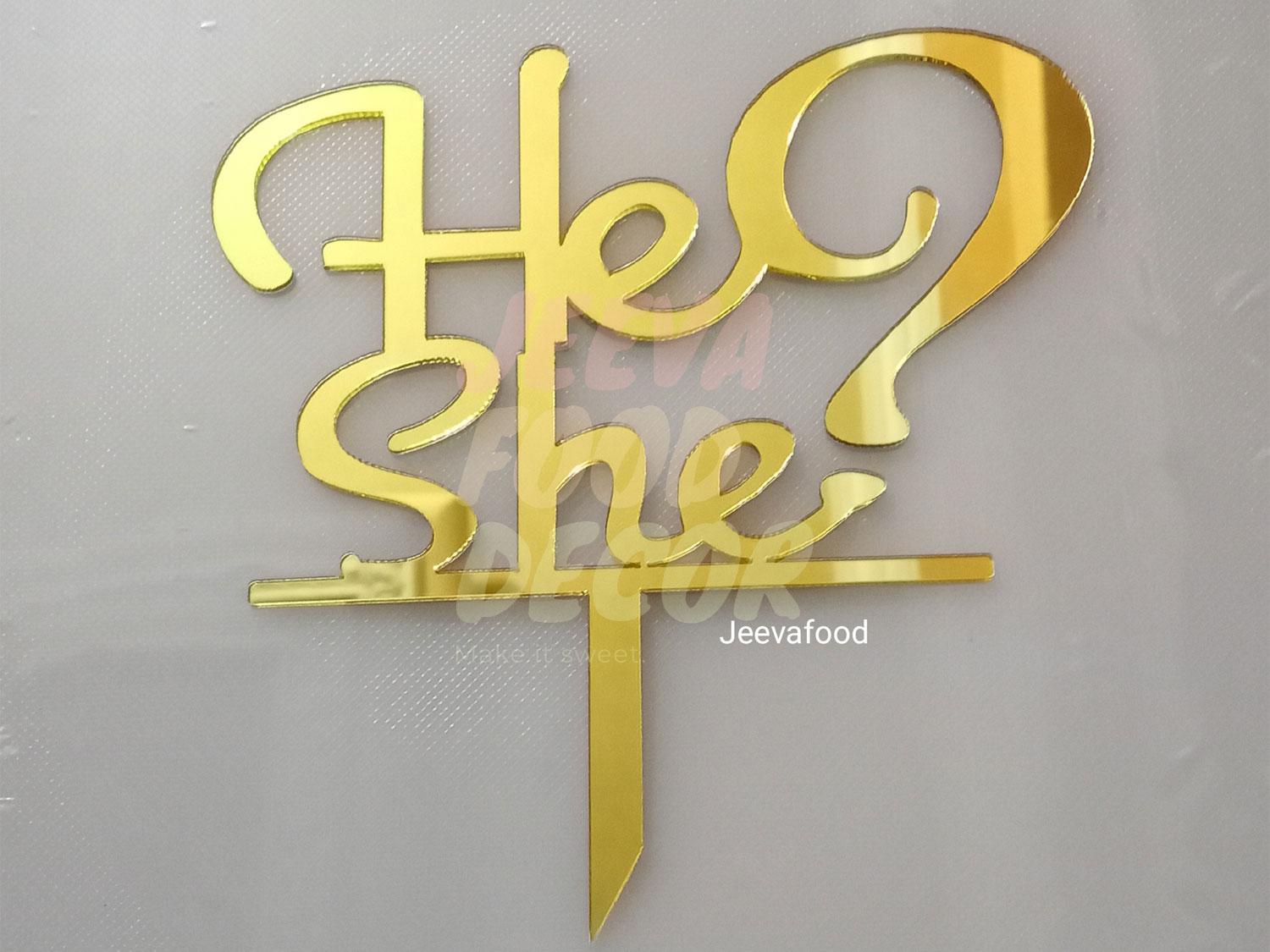 He Or She Acrylic Cake Toppers - 5.5\" - Gold